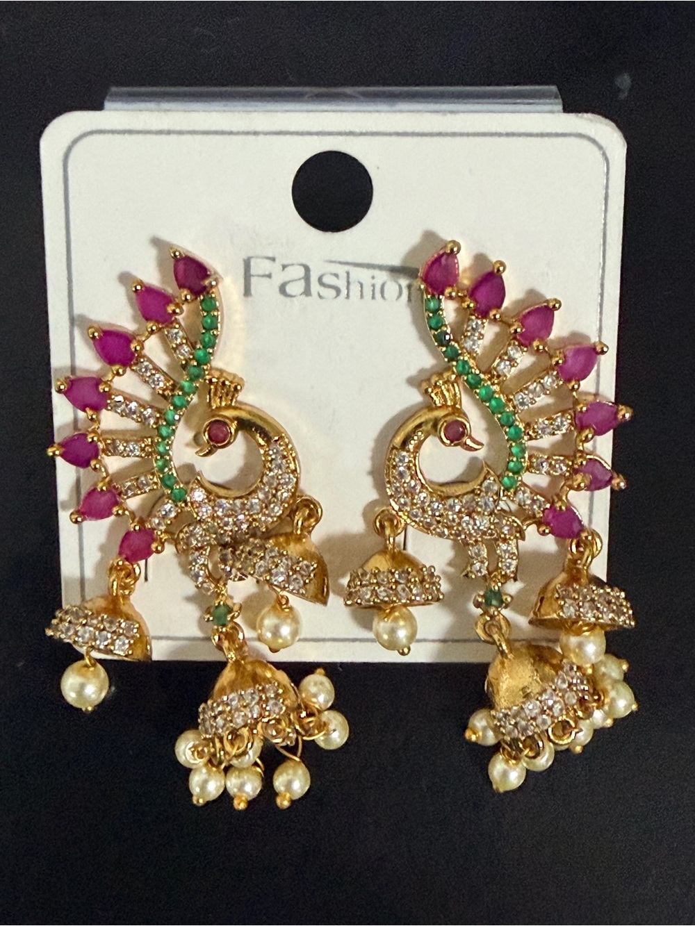 Gold-Tone Pink & Green Peacock Jhumka Earrings -
